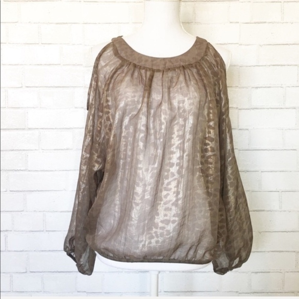 Sheer Sexy Tan Gold Leopard Print Cold Shoulder Silk Blend Top Blouse
